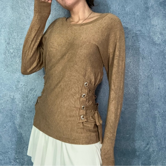 INC International Concepts Sweaters - INC International Concepts Tan Long Sleeve Top with Lace Up Sides